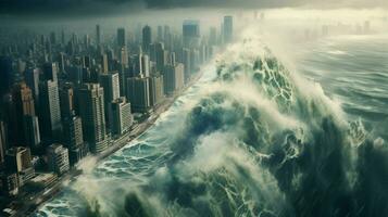 tsunami e costiero allagamento nel un' moderno metropol foto