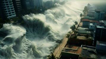 tsunami colpi litorale con massiccio onda allagamento foto