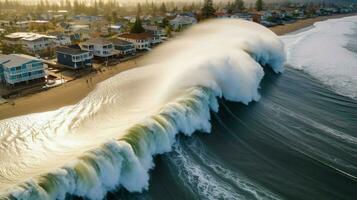 tsunami colpi litorale con massiccio onda allagamento foto