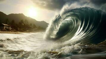 tsunami onda Crashing in abbandonato spiaggia foto