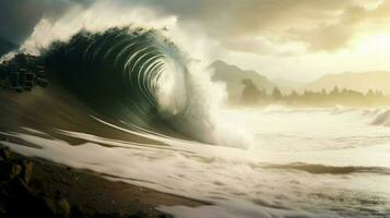 tsunami onda Crashing in abbandonato spiaggia foto