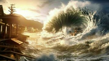 tsunami onda rotoli su riva portando foto