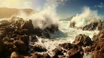 tsunami onde Crashing contro roccioso litorale foto