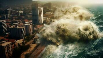 tsunami onde Crashing in costiero città allagamento foto