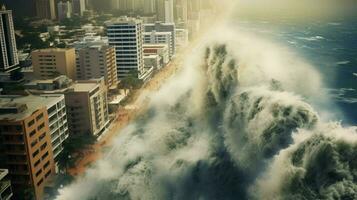 tsunami onde Crashing in costiero città allagamento foto