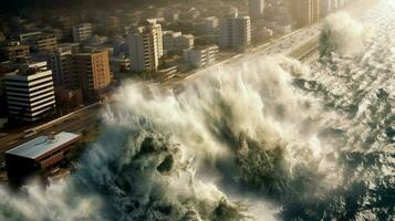 tsunami onde Crashing in costiero città allagamento foto