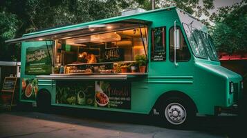 vegetariano cibo camion con varietà di a base vegetale foto