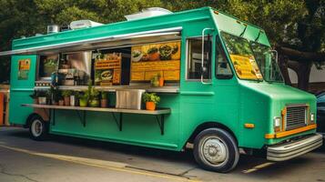 vegetariano cibo camion con varietà di a base vegetale foto