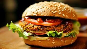 veggie hamburger su grano intero ciambella con lattuga pomodoro foto