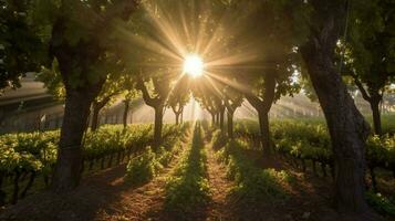 vigneto con raggi di sole splendente attraverso il alberi foto