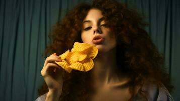 donna mangiare patatine fritte persona foto