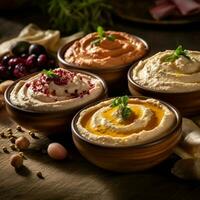 Prodotto scatti di hummus alto qualità 4k ultra HD foto