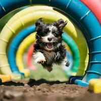 un' intelligente cane completando un ostacolo corso foto