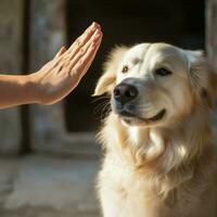 un' amichevole cane offerta un' zampa per un' stretta di mano foto