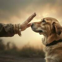 un' amichevole cane offerta un' zampa per un' stretta di mano foto