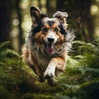 un' brioso canino in esecuzione attraverso il boschi foto