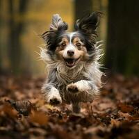 un' brioso canino in esecuzione attraverso il boschi foto