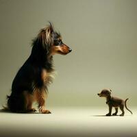 un' minuscolo cane coraggiosamente in piedi su per un' più grandi nemico foto