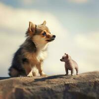 un' minuscolo cane coraggiosamente in piedi su per un' più grandi nemico foto