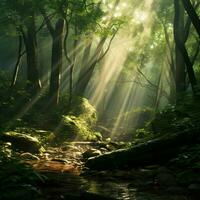 un' tranquillo foresta scena con raggi di luce del sole filtraggio th foto