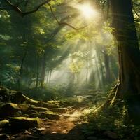 un' tranquillo foresta scena con raggi di luce del sole filtraggio th foto