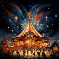un' capriccioso circo tenda pieno con acrobati pagliacci e circa foto