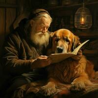 un' saggio vecchio cane con un' tutta la vita di storie foto