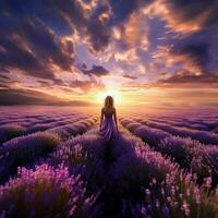 serenità nel un' campo di lavanda allungamento in direzione il hor foto