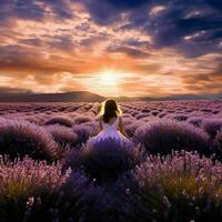 serenità nel un' campo di lavanda allungamento in direzione il hor foto