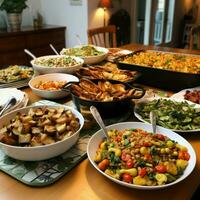 un' Comunità potluck con un' varietà di piatti foto