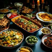 un' Comunità potluck con un' varietà di piatti foto