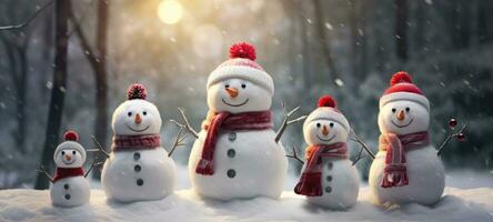 famiglia pupazzo di neve con sciarpa nel neve foresta saluto carta natale Natale foto