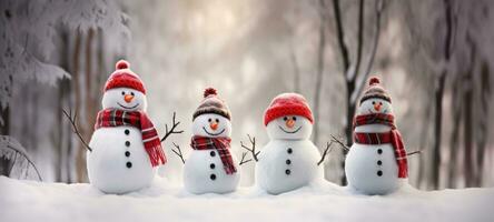 famiglia pupazzo di neve con sciarpa nel neve foresta saluto carta natale Natale foto