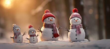 famiglia pupazzo di neve con sciarpa nel neve foresta saluto carta natale Natale foto