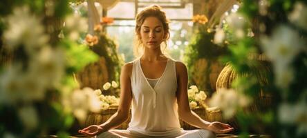 donna fare yogo pacificamente zen meditazione, ai foto