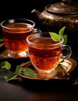 foto di alcuni Mela Spezia tè bevanda elegantemente plated su un' tavolo. generativo ai
