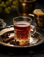 foto di alcuni cannella tè bevanda elegantemente plated su un' tavolo. generativo ai