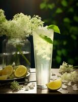 foto di alcuni Fiore di sambuco spritz bevanda elegantemente plated su un' tavolo. generativo ai