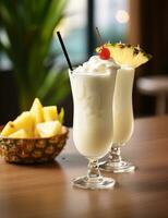 foto di alcuni Pina colada bevanda elegantemente plated su un' tavolo. generativo ai