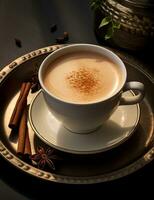 foto di alcuni speziato chai tè bevanda elegantemente plated su un' tavolo. generativo ai