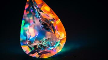 fotografia un' ipnotizzante avvicinamento di un' scintillante opale tenuto contro un' vellutato nero sfondo. generativo ai foto