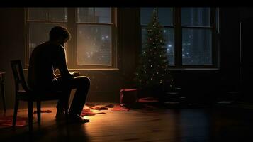 solitario uomo la spesa Natale solo nel il buio di notte. generativo ai foto