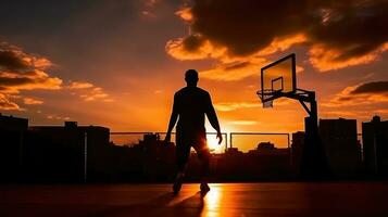 silhouette di giocatore preparazione per inzuppare su pallacanestro Tribunale con tramonto e città orizzonte nel il sfondo. generativo ai foto