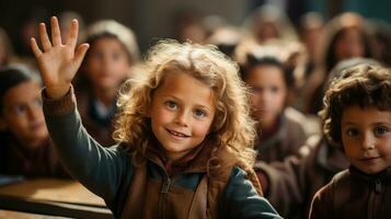 bambini avidamente aumentare loro mani per risposta nel classe. generativo ai foto