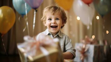 carino poco ragazzo con compleanno regalo scatole nel davanti di lui. generativo ai foto