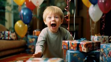 carino poco ragazzo con compleanno regalo scatole nel davanti di lui. generativo ai foto