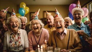 carino uomo festeggiare il suo compleanno con il suo amici nel un' assistenza infermieristica casa. generativo ai foto