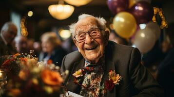 carino uomo festeggiare il suo compleanno con il suo amici nel un' assistenza infermieristica casa. generativo ai foto