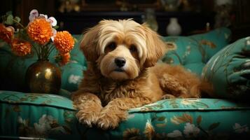 animale domestico cane dire bugie con grazia su divano a casa, occhi splendente con soddisfazione. generativo ai foto