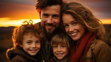 contento sorrisi di un' famiglia a tramonto nel verde natura. generativo ai foto